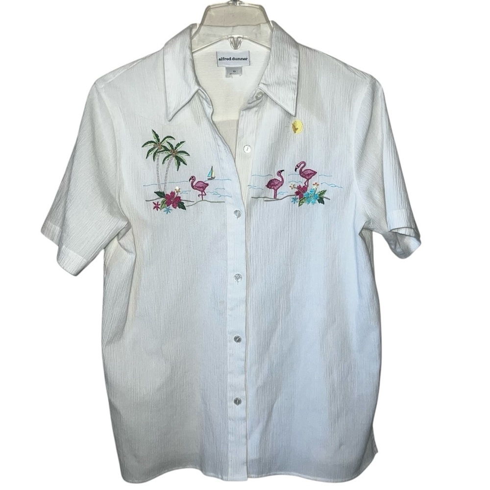 Alfred Dunner Button Down White Shirt Short Sleeves Embroidered Summer Size 12